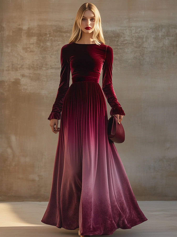 Robe Maxi Velours Dégradé Bordeaux : Élégance Instantanée avec Manches Trompette et Col Droit – Expédition en 24h !