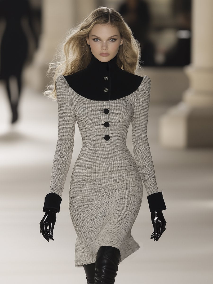 Robe Midi Élégante en Tweed Velours avec Col Montant - Expédition Rapide sous 24 Heures