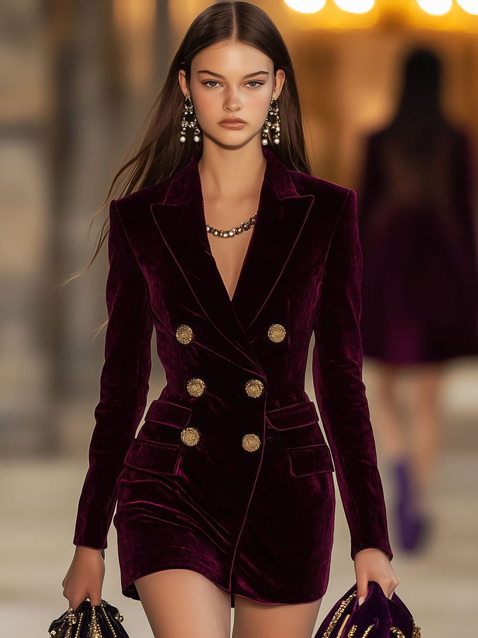 Robe Mini Blazer Vintage en Velours Rouge – Élégance Décontractée avec Poches, Expédition Rapide en 24 Heures