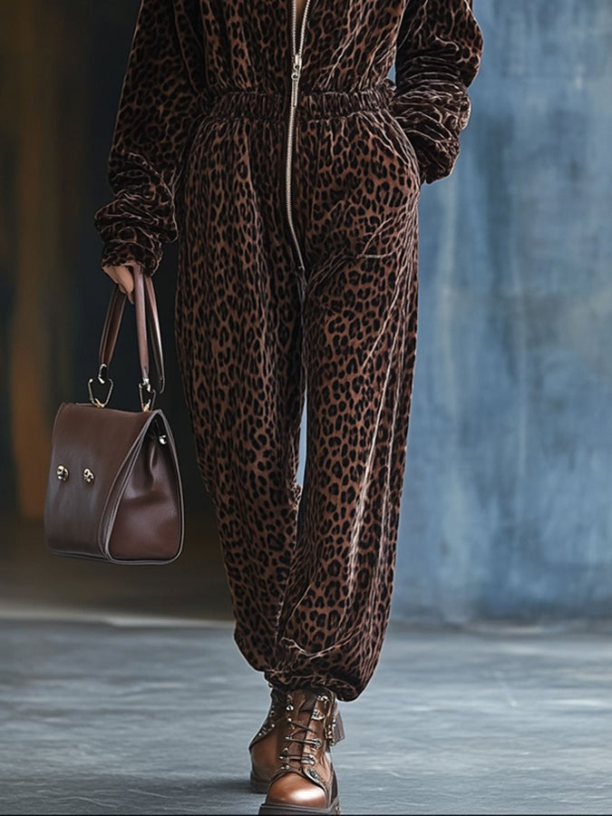 Expédition rapide : Salopette décontractée en velours vintage à imprimé léopard avec taille élastique, zip et capuche