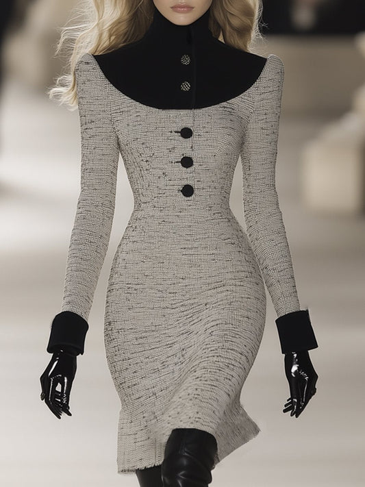 Robe Midi Élégante en Tweed Velours avec Col Montant - Expédition Rapide sous 24 Heures