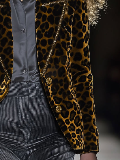 Blazer Décontracté en Velours Imprimé Léopard avec Col Doré - Livraison en 24 Heures