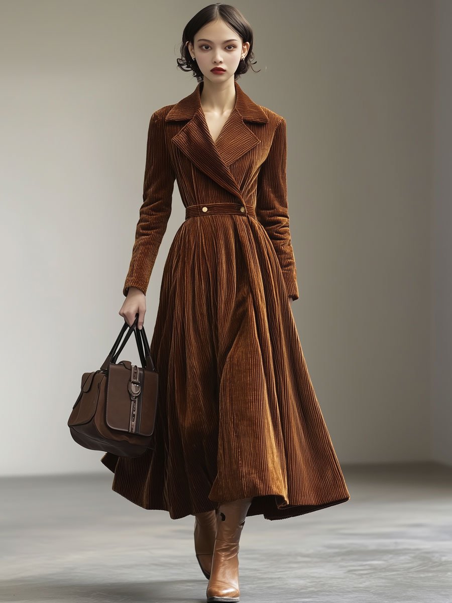 Robe Maxi Vintage en Velours Côtelé : Élégance Décontractée avec Col Revers et Manches Longues - Expédition Rapide en 24 Heures