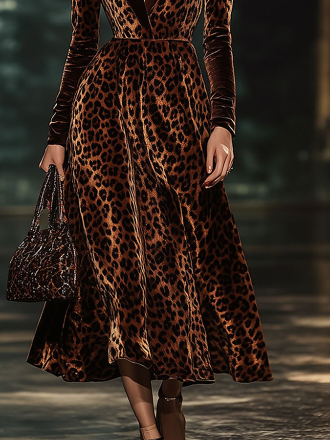 Robe Midi en Velours Imprimé Léopard avec Col Revers - Expédition Rapide en 24 Heures!