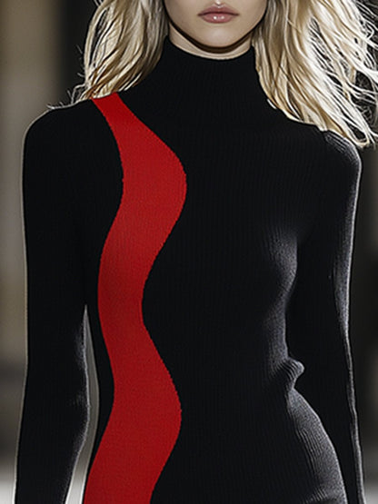 Robe en Tricot Haute Couture à Col Montant - Rouge et Noir, Expédition en 24 Heures