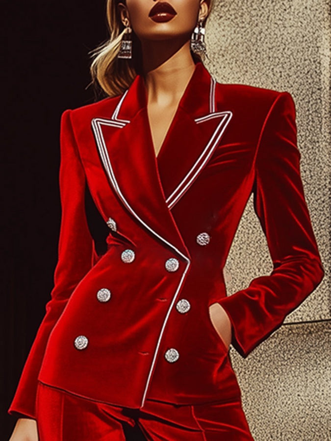 Costume en Velours Rouge Luxe avec Finitions Argentées - Expédition en 24 Heures