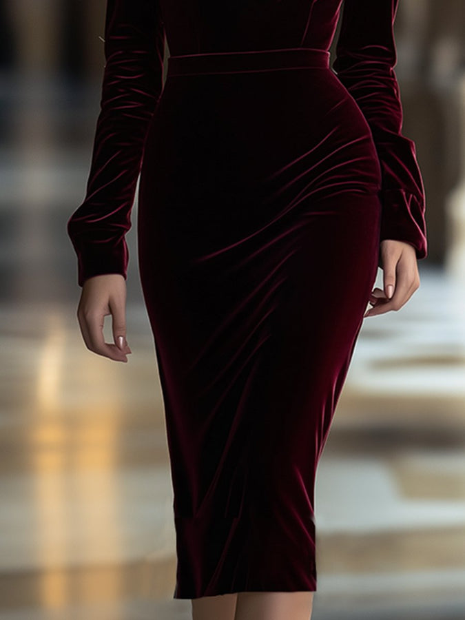 Robe Midi en Velours à Volants avec Décolleté en V - Expédition Rapide sous 24 Heures
