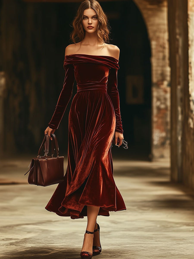 Robe Midi en Velours Uni à Manches Longues Décolletées - Livraison en 24 Heures