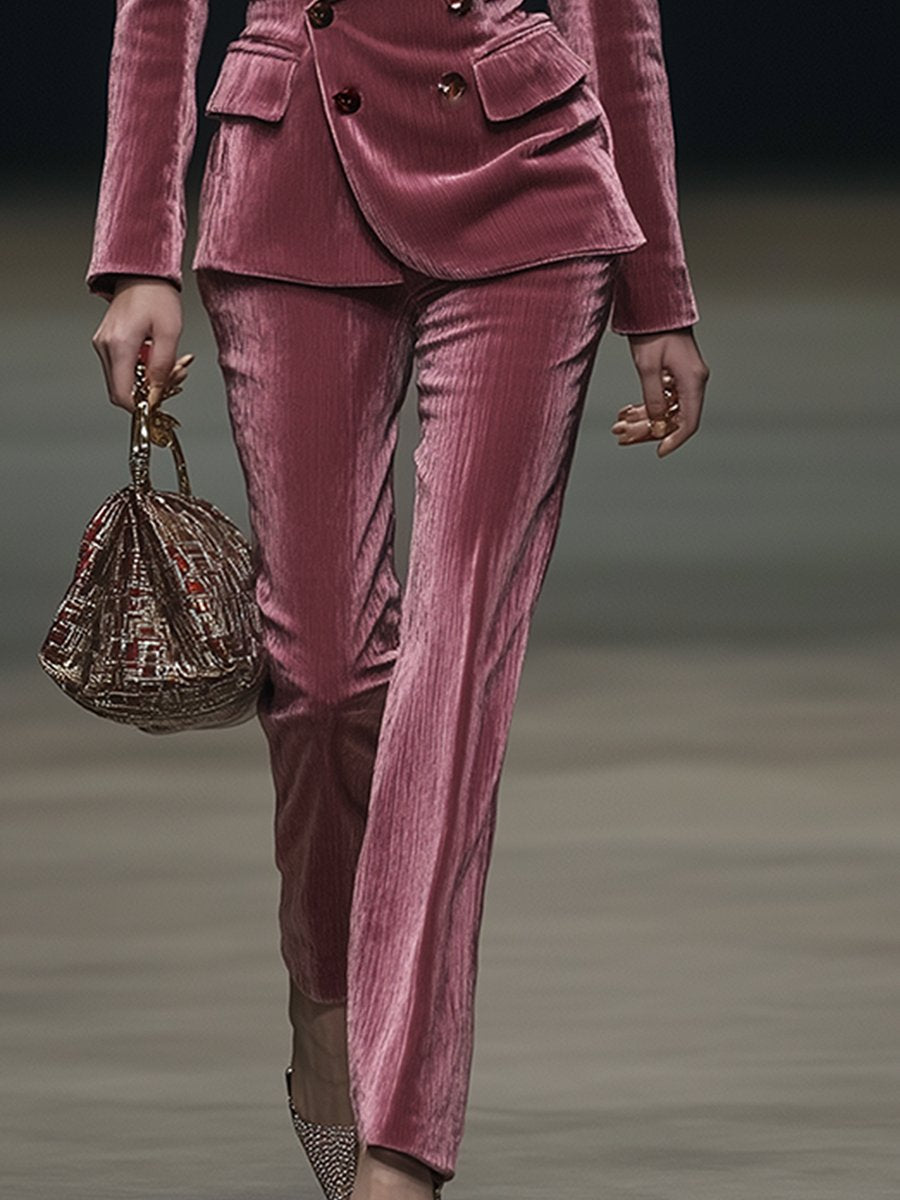 Costume Vintage Élégant en Velours Rose Poudré - Expédition Rapide en 24 Heures