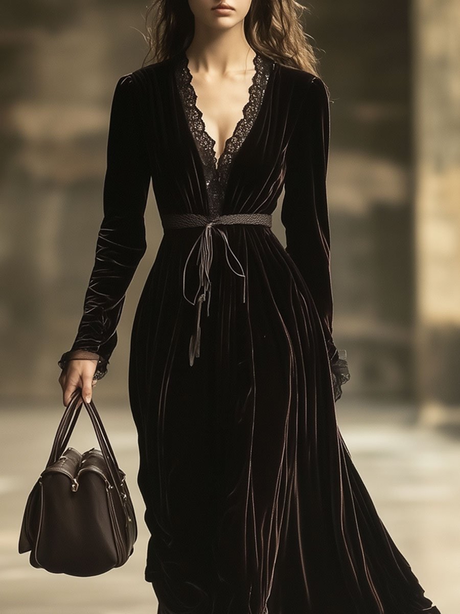 Robe Maxi Longue en Velours Uni avec Détails en Dentelle et Col V - Expédition Rapide sous 24 Heures