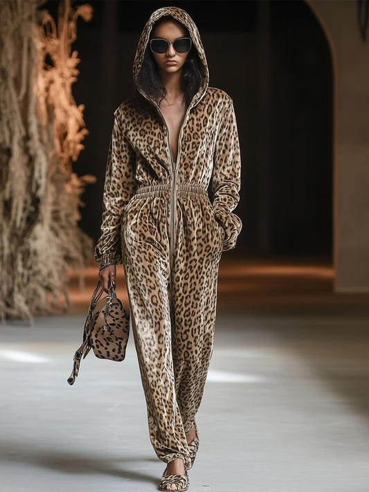 【Livraison rapide en 24 heures】Combinaison zippée en velours vintage avec capuche et motif léopard