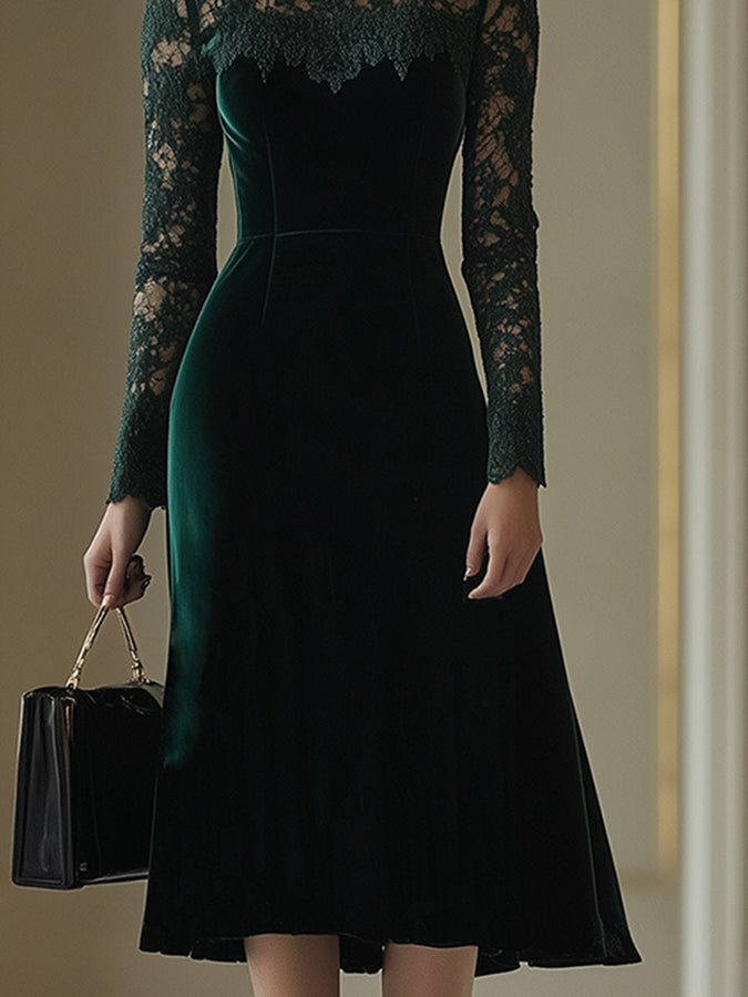 Robe Midi Élégante en Velours Rétro avec Dentelle - Col Haut et Manches Longues, Expédition en 24 Heures