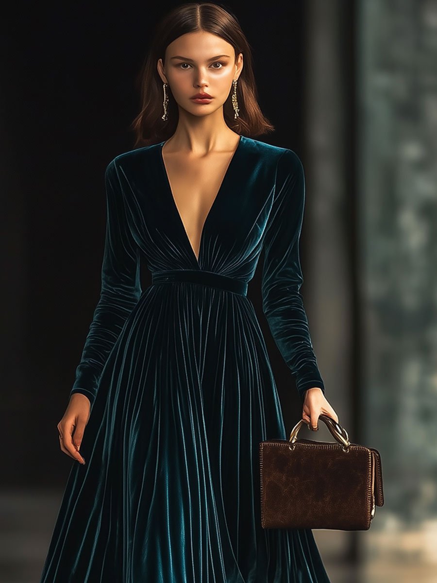 Robe Maxi Longue en Velours Unicolore à Col V - Expédition Rapide sous 24 Heures pour Vos Soirées
