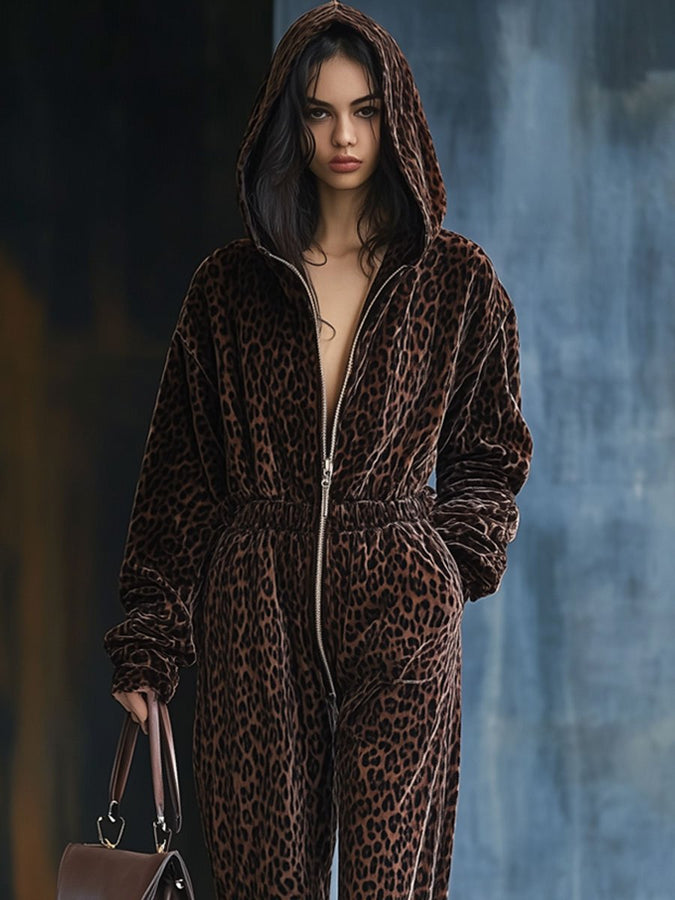 Expédition rapide : Salopette décontractée en velours vintage à imprimé léopard avec taille élastique, zip et capuche