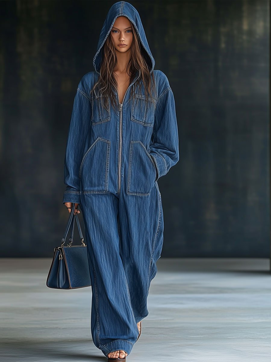 【Expédition Rapide en 24h】Combinaison en Denim à Capuche, Manches Longues, Style Décontracté avec Poches et Zip