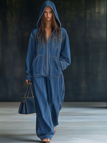 【Expédition Rapide en 24h】Combinaison en Denim à Capuche, Manches Longues, Style Décontracté avec Poches et Zip