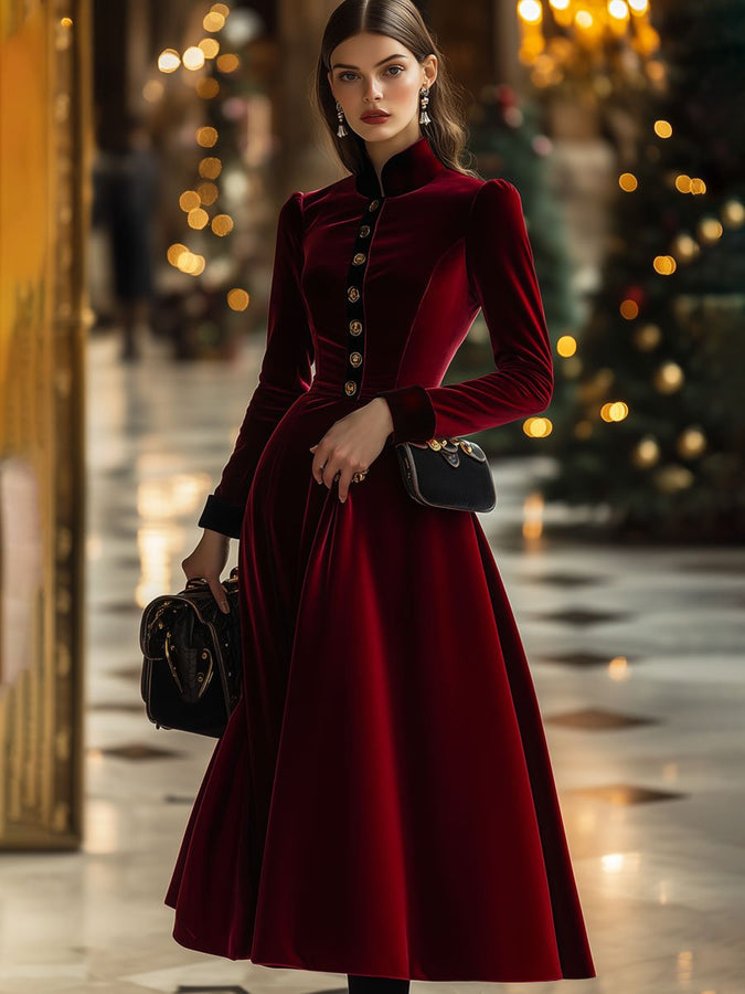 Robe Midi Longue en Velours Rouge Ankola à Manches Longues - Expédition Rapide en 24 Heures