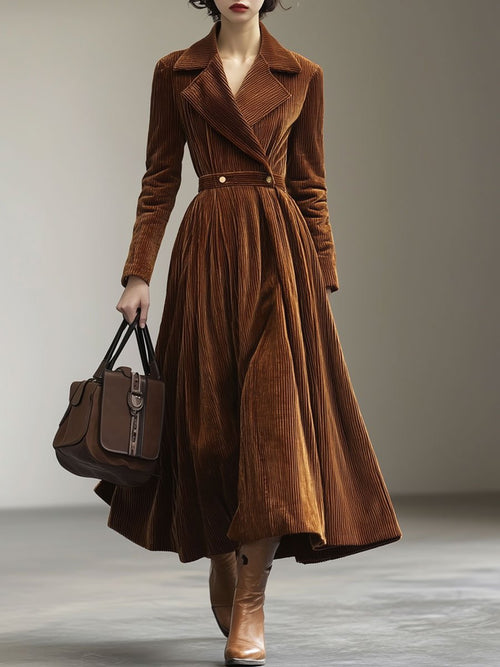 Robe Maxi Vintage en Velours Côtelé : Élégance Décontractée avec Col Revers et Manches Longues - Expédition Rapide en 24 Heures