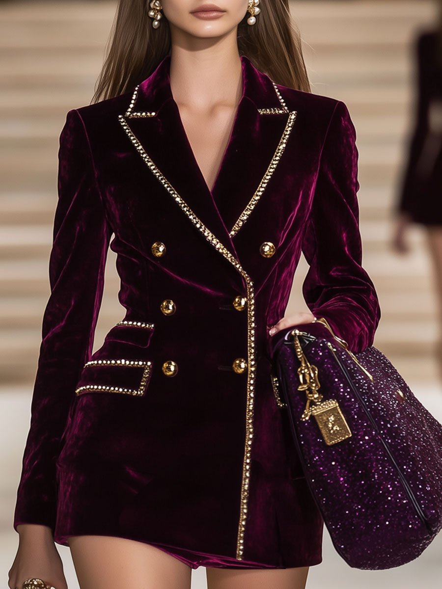 Robe Mini Vintage en Velours Bourgogne avec Détails Dorés - Expédition Rapide sous 24 Heures