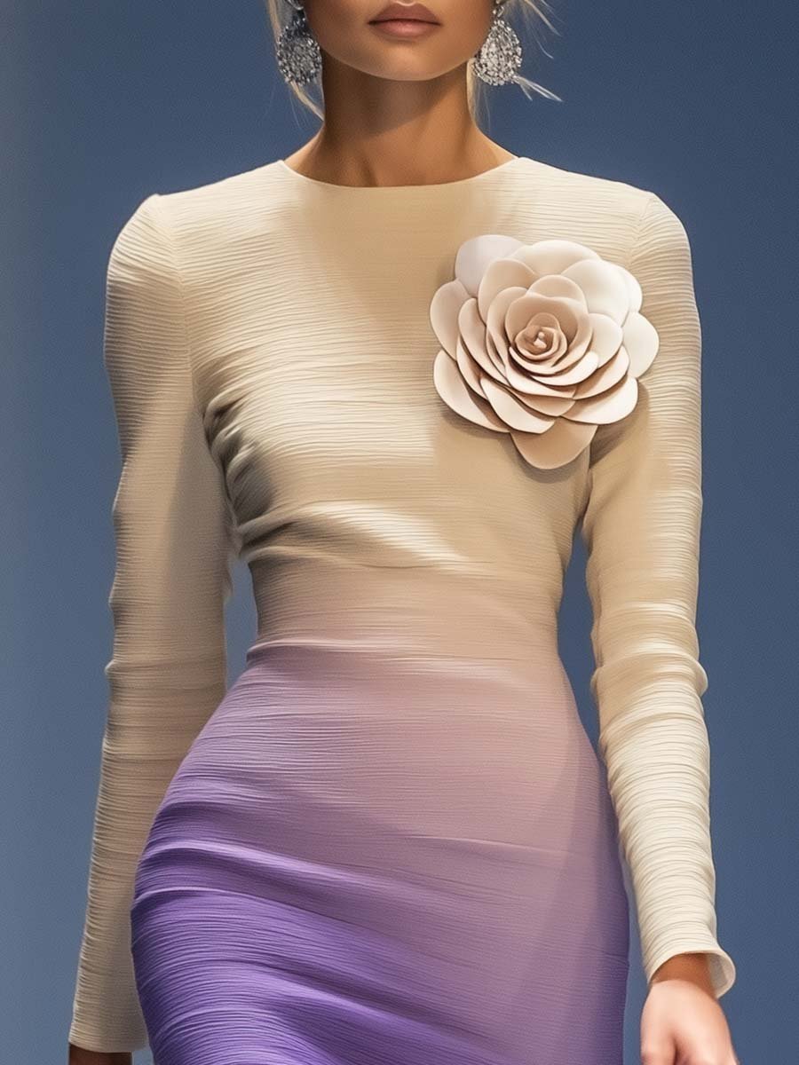 Robe Midi Élégante Beige et Violet Dégradé avec Fleurs 3D – Expédition en 24 Heures
