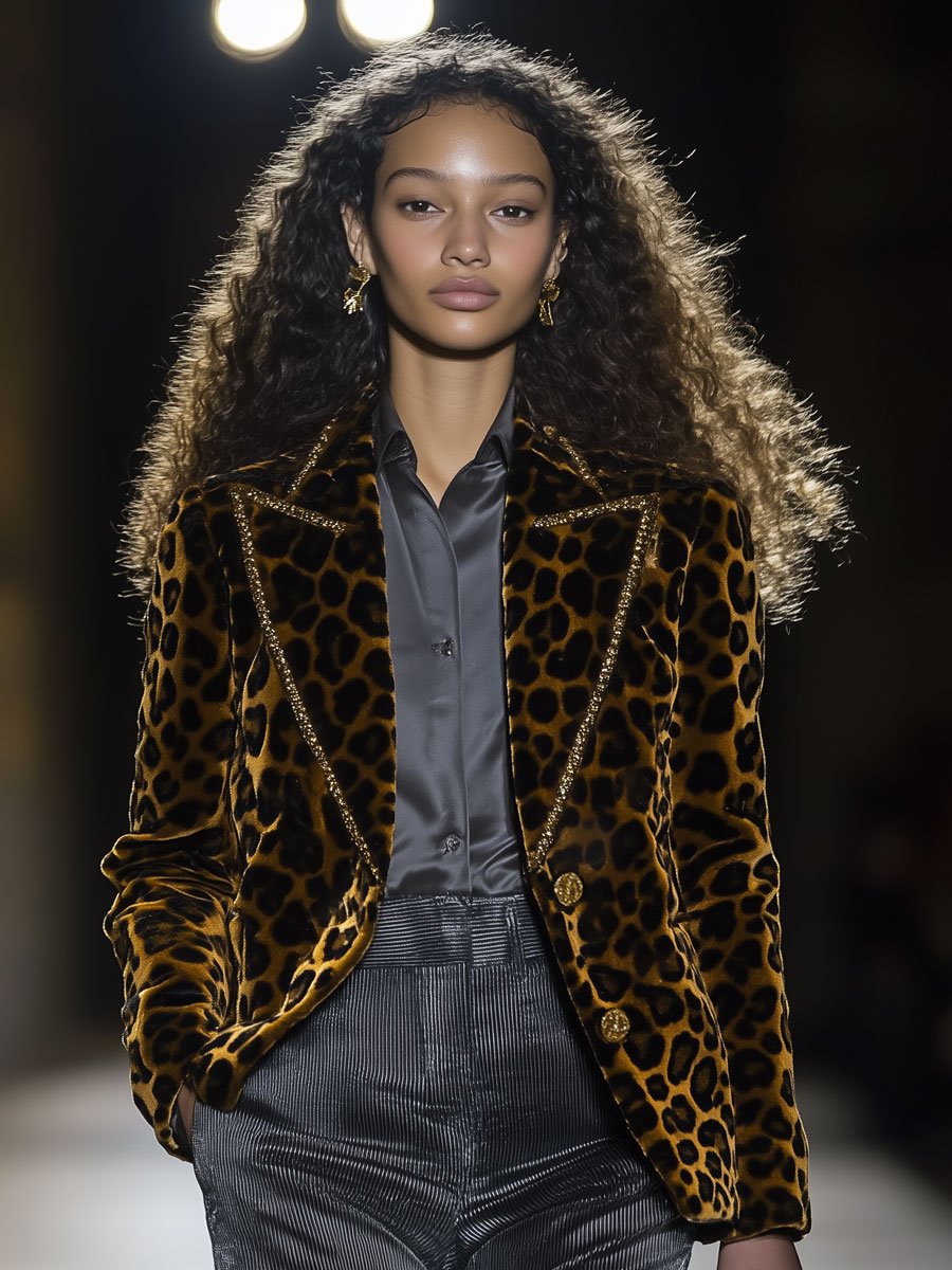 Blazer Décontracté en Velours Imprimé Léopard avec Col Doré - Livraison en 24 Heures