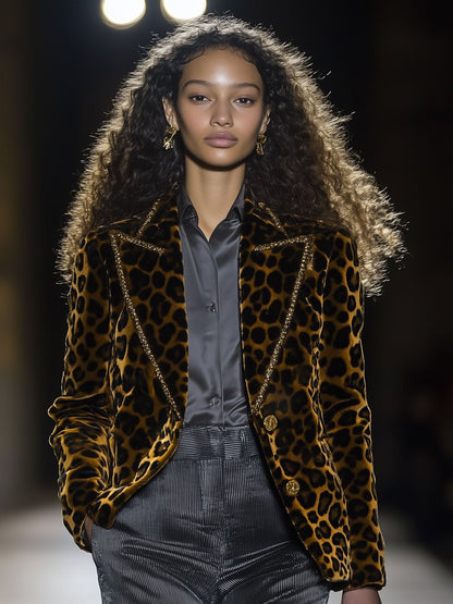 Blazer Décontracté en Velours Imprimé Léopard avec Col Doré - Livraison en 24 Heures