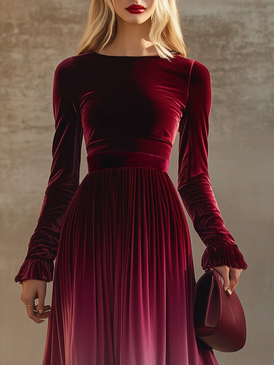 Robe Maxi Velours Dégradé Bordeaux : Élégance Instantanée avec Manches Trompette et Col Droit - Expédition Sous 24 Heures