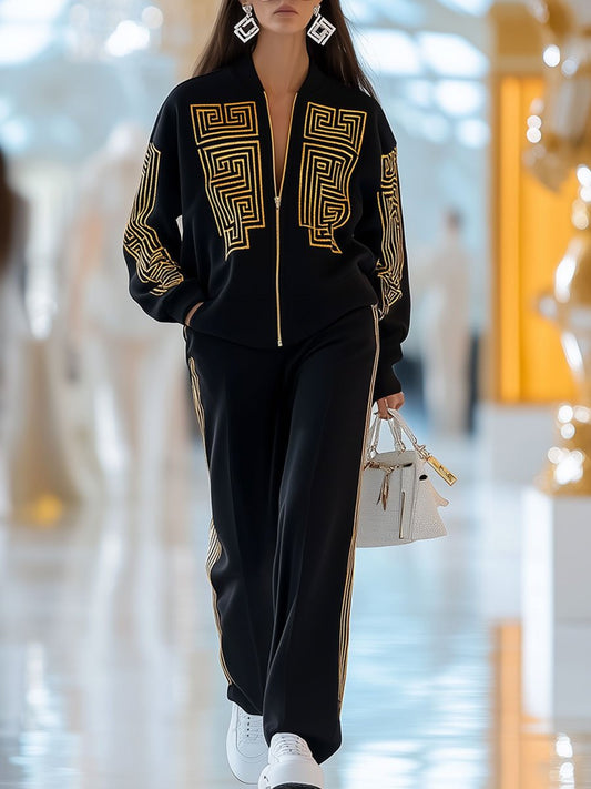 Ensemble de Sport Décontracté Rétro Grec - Impression Géométrique et Fermeture Éclair, Expédition en 24 Heures