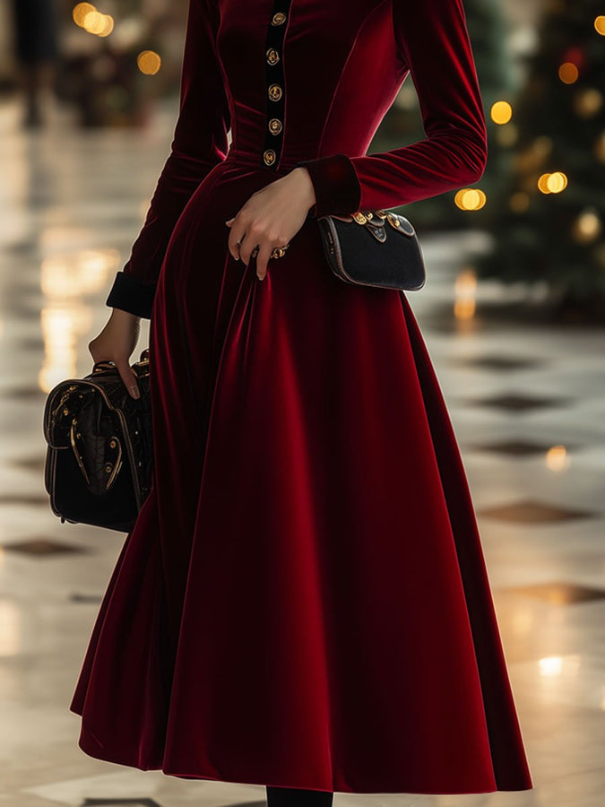 Robe Midi Longue en Velours Rouge Ankola à Manches Longues - Livraison en 24 Heures