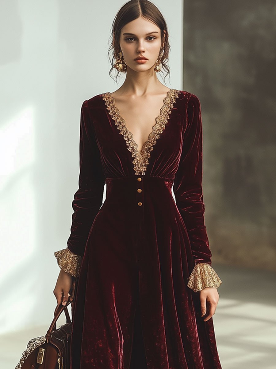 Robe Maxi en Velours Rouge Ankola : Élégance et Dentelle avec Col V et Manches Longues - Expédition Rapide en 24 Heures