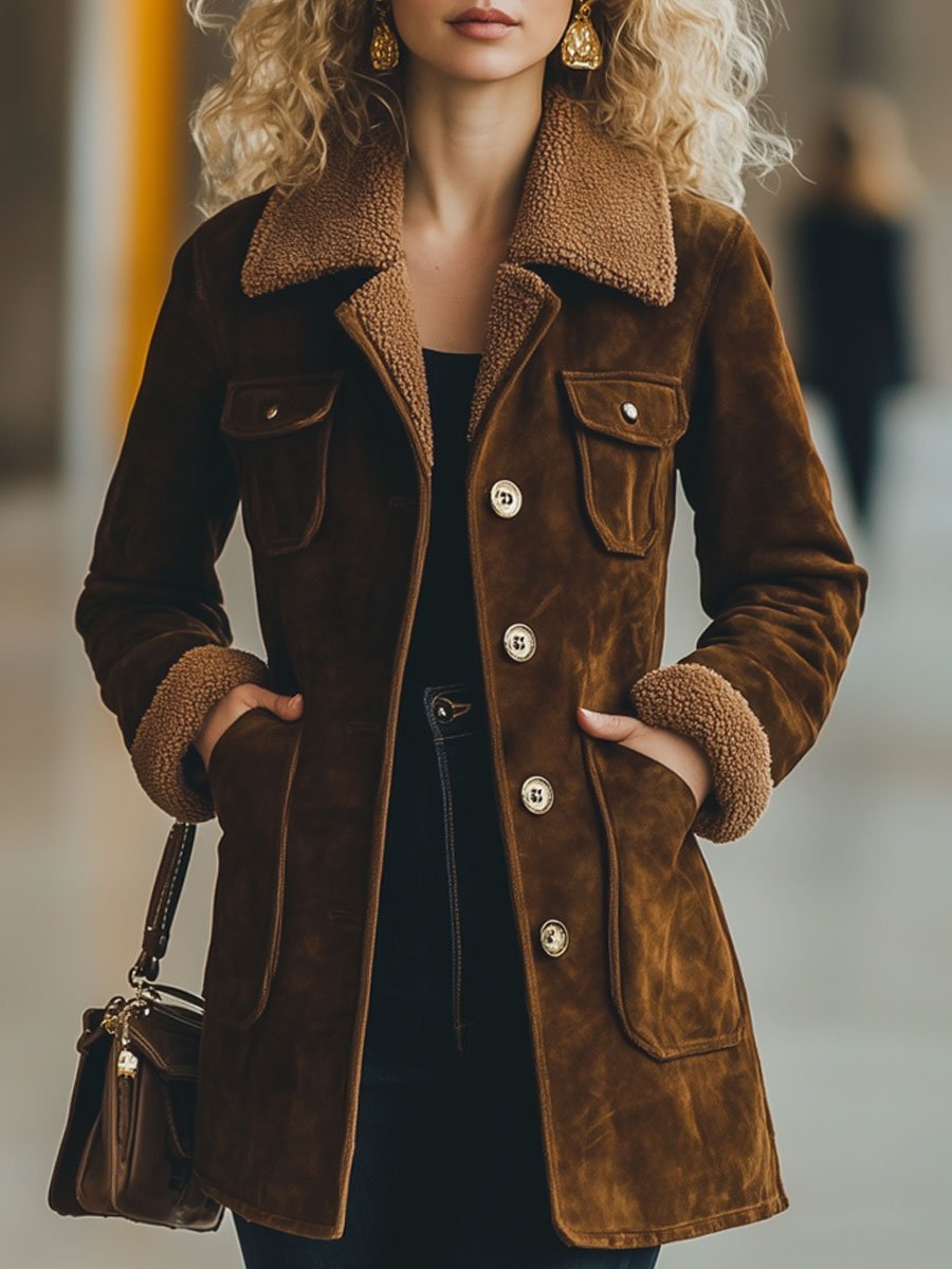 Veste Décontractée en Daim Rétro avec Patchwork en Laine et Multiples Poches - Expédition en 24 Heures