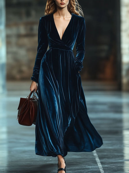 Robe Maxi en Velours Uni avec Col en V et Poches - Expédition Rapide en 24 Heures!