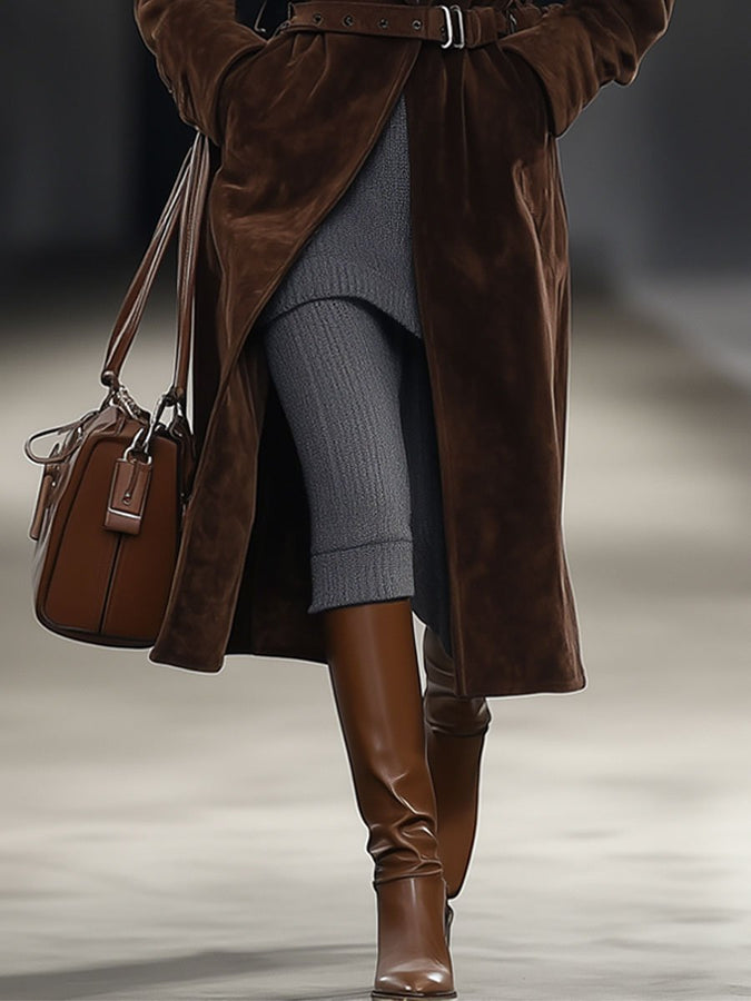 Expédition Rapide : Manteau Mi-Long en Suédine Chocolat, Ceinturé et Décontracté