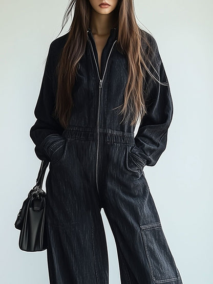 Salopette en Denim Rétro : Confort Décontracté avec Zip, Taille Élastique et Manches Longues - Expédition en 24 Heures !