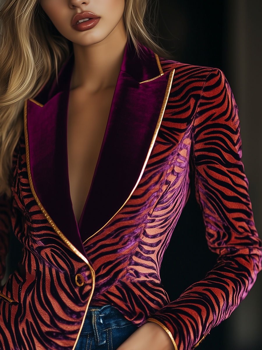 Blazer Vintage en Velours Décontracté avec Poches, Motif Zebra et Rayures Dorées