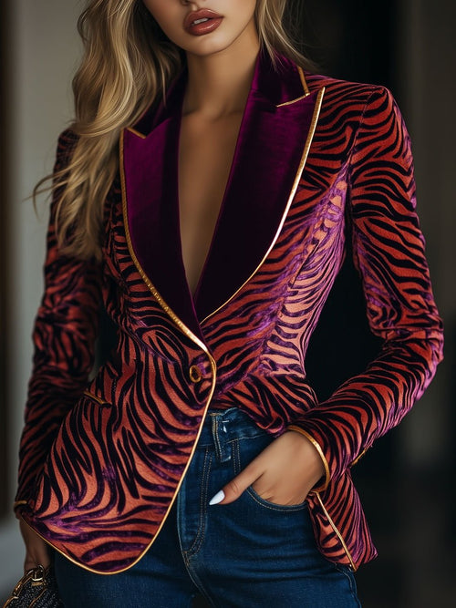 Blazer Vintage en Velours Décontracté avec Poches, Motif Zebra et Rayures Dorées