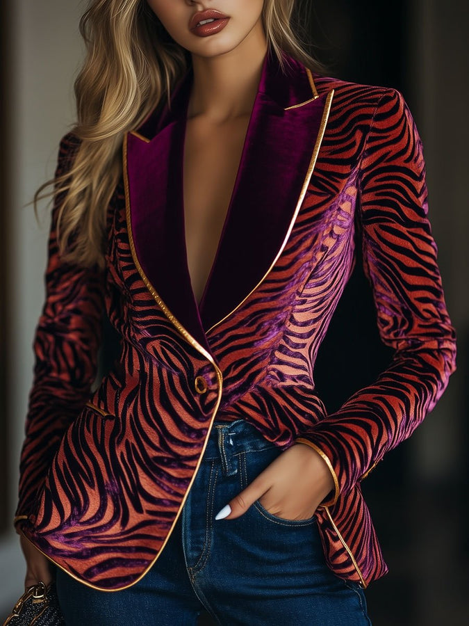 Blazer Vintage en Velours Décontracté avec Poches, Motif Zebra et Rayures Dorées