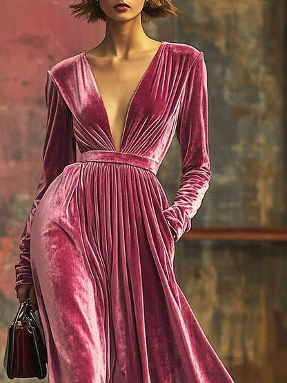 Robe Maxi Longue en Velours Doux avec Poches et Décolleté en V - Expédition Rapide en 24 Heures!