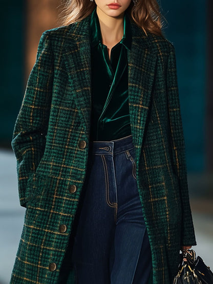 【Expédition en 24h】Manteau mi-long en laine à carreaux vintage avec poches pratiques