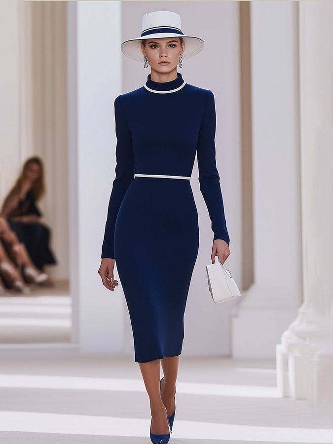 Robe Midi Élégante Blanche à Col Haut Contrasté - Expédition en 24 Heures !