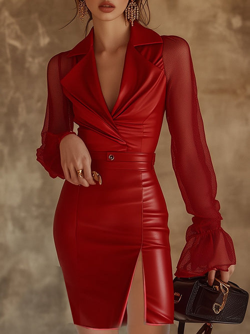 Robe Mini Slim Rouge en Cuir avec Manches Évasées en Tulle - Expédition Rapide sous 24h!