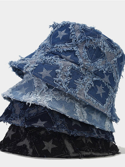 Chapeau de seau en denim brut à cinq pans - Élégance décontractée
