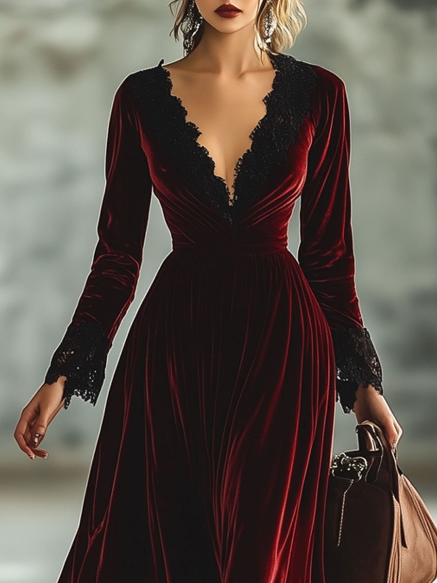 Robe Maxi Longue en Dentelle avec Manches Longues et Décolleté en V - Expédition Rapide en 24 Heures