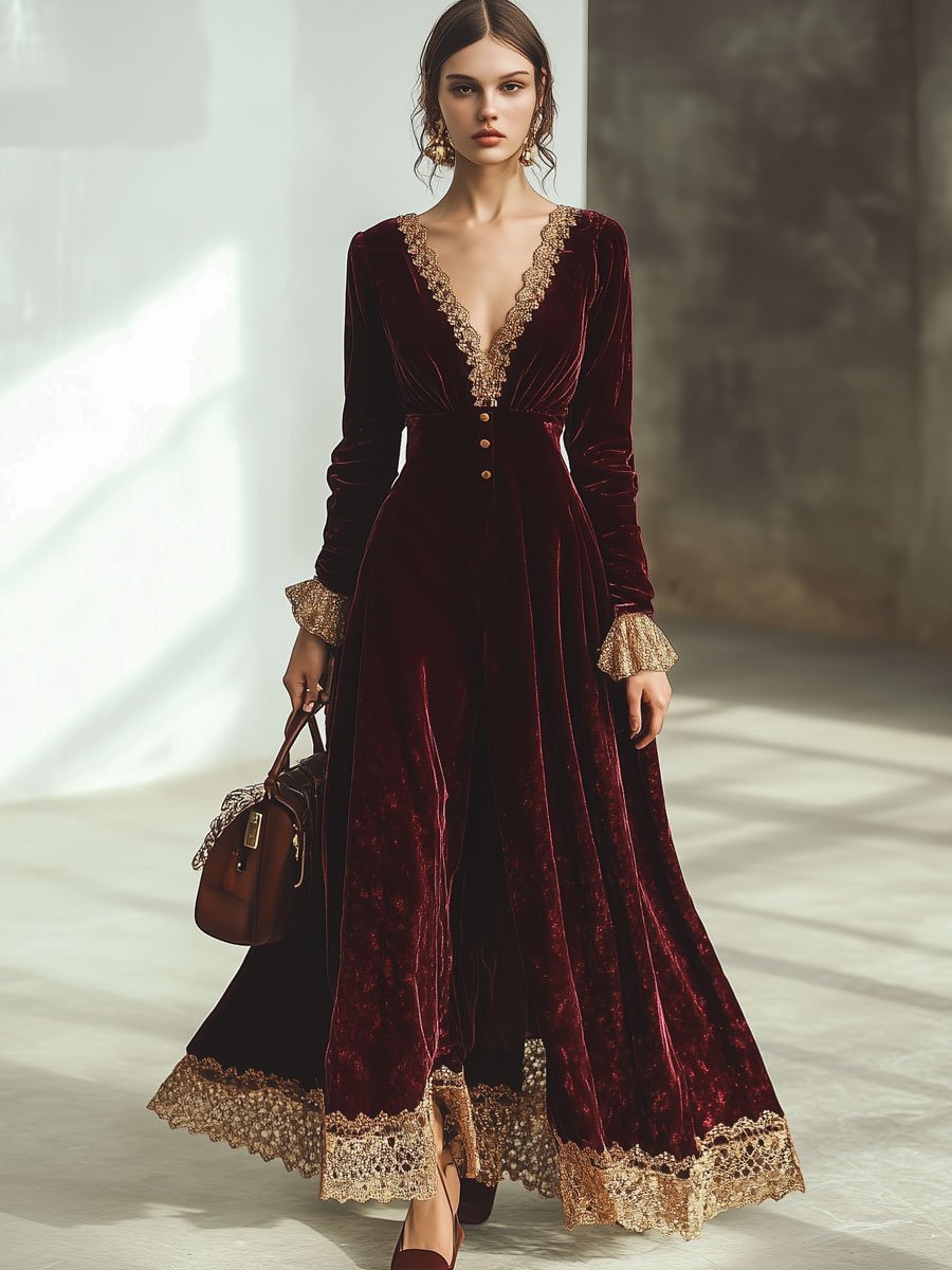 Robe Maxi en Velours Rouge Ankola : Élégance et Dentelle avec Col V et Manches Longues - Expédition Rapide en 24 Heures