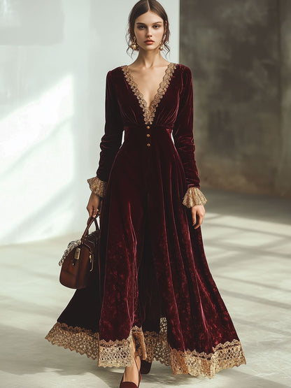 Robe Maxi en Velours Rouge Ankola : Élégance et Dentelle avec Col V et Manches Longues - Expédition Rapide en 24 Heures