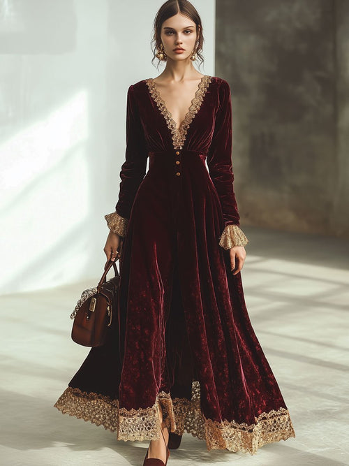Robe Maxi en Velours Rouge Ankola : Élégance et Dentelle avec Col V et Manches Longues - Expédition Rapide en 24 Heures