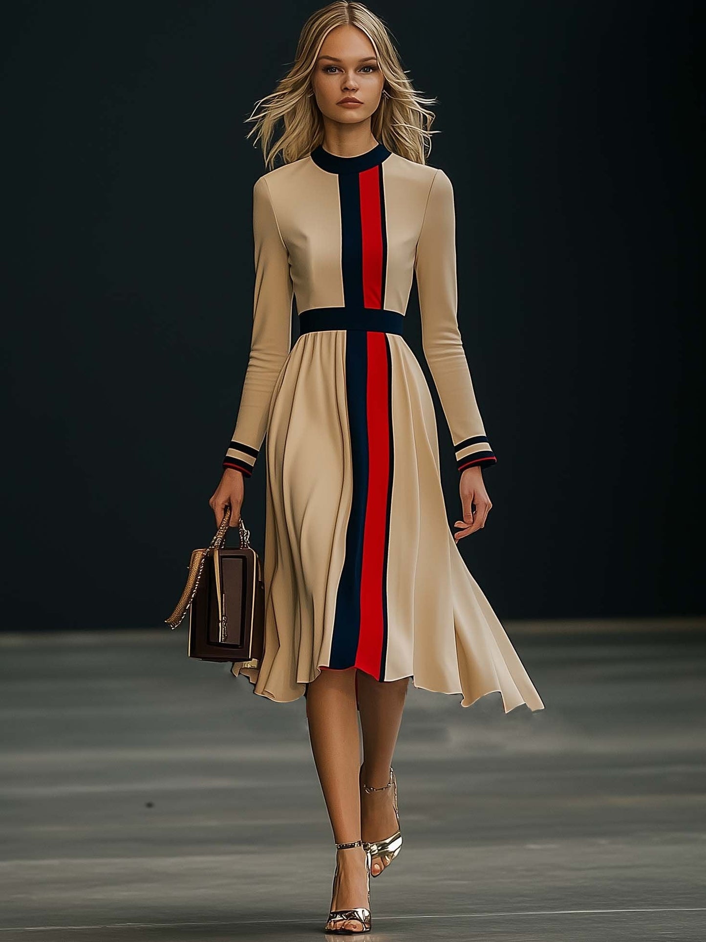 Robe Midi Élégante à Manches Longues en Colorblock - Expédition Rapide en 24 Heures