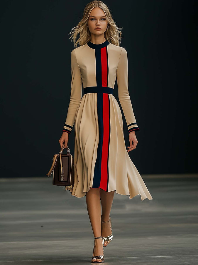 Robe Midi Élégante à Manches Longues en Colorblock - Expédition Rapide en 24 Heures
