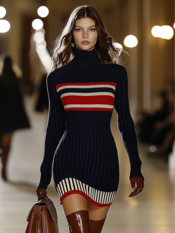 Robe Rétro Française Élégante à Col Haut - Rayures Rouges et Blanches, Expédition en 24 Heures !