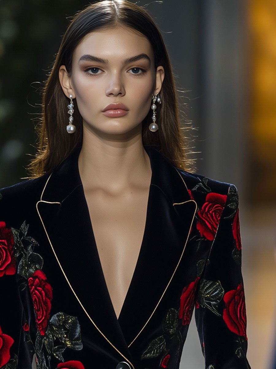 Expédition en 24h : Blazer Vintage en Velours Ample avec Imprimé de Roses Rouges et Finitions Dorées